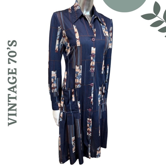 Vintage 70s Leo-Danal for Normie Hum Navy Blue Abstract Floral Shirt Dress Midi - Picture 4 of 10